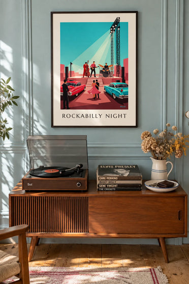 Rockabilly trio in concert and tail-fin cars poster: framed on the wall