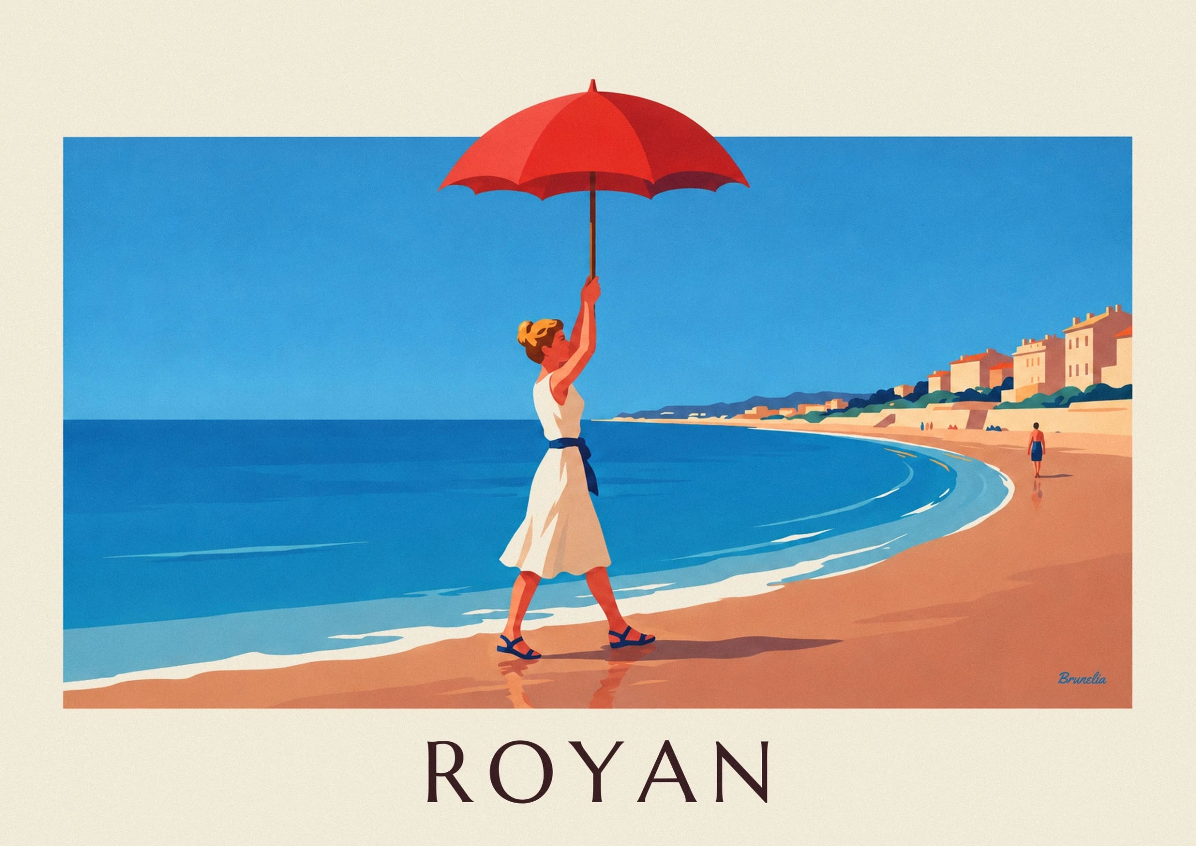 A woman in a white dress and blue sandals beneath a red parasol on the beach