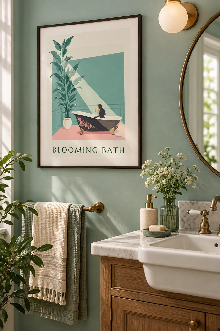 Affiche baignoire fleurie sur mur vert et sol rose : encadrée au mur