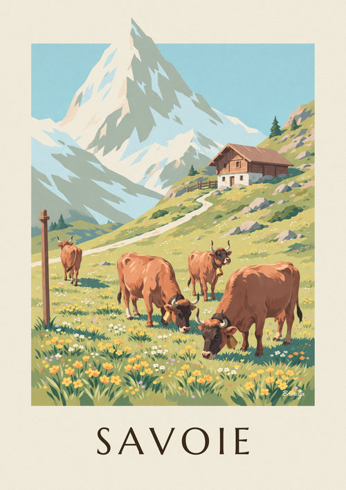 Plakat krowy rasy tarentaise na halach Sabaudii: cały plakat