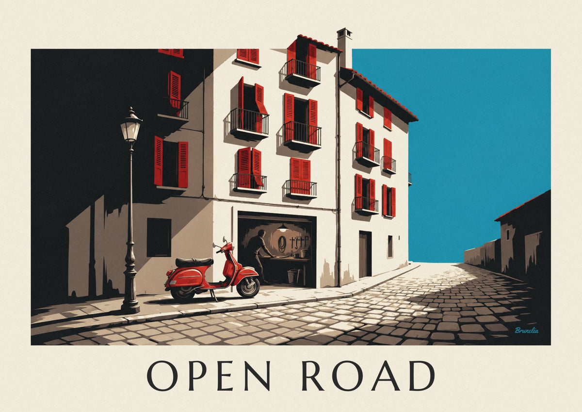 Black ink Italian scooter and city garage poster