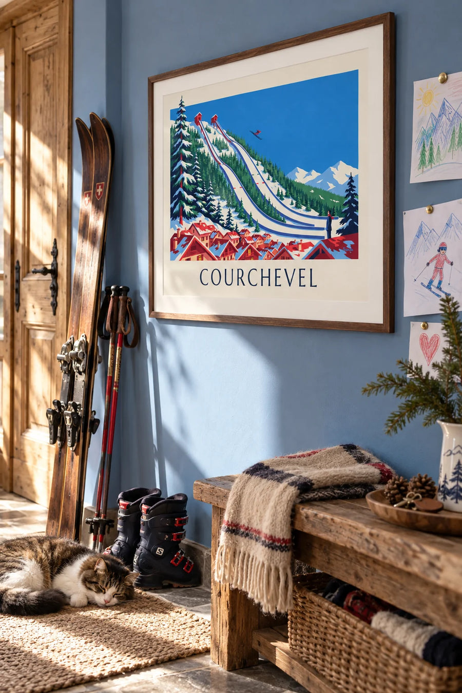 Plakat ze skoczniami narciarskimi Courchevel w Praz: oprawiony w ramę na ścianie