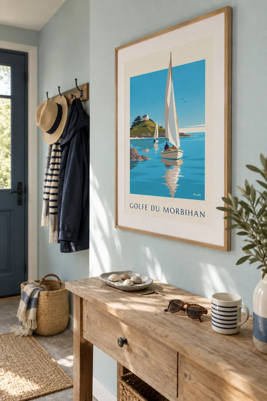 Plakat z żaglówkami między wyspami Zatoki Morbihan: w ramie na ścianie
