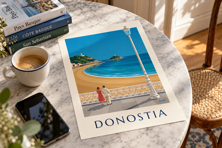 Plakat z plażą La Concha w San Sebastián: na stole