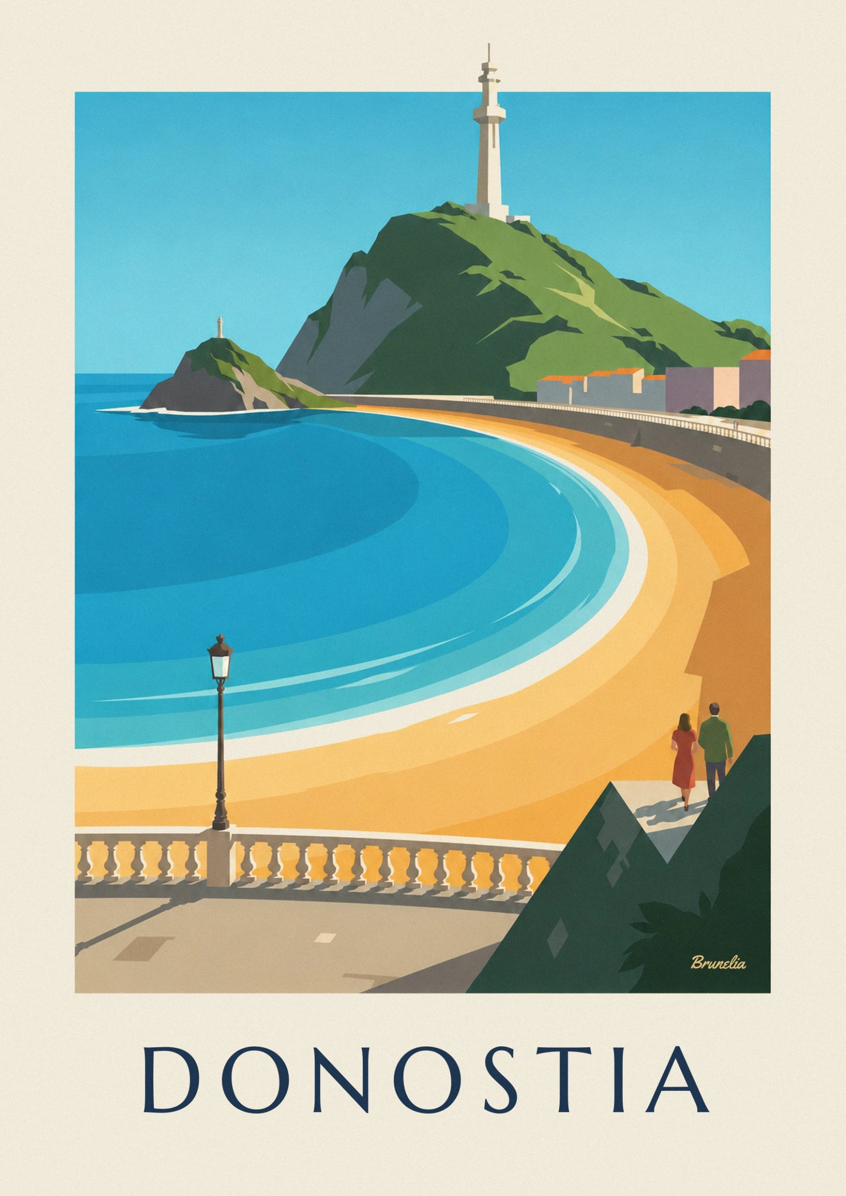 La colline verte et sa tour blanche au-dessus de la baie, avec les toits orange en bord de plage