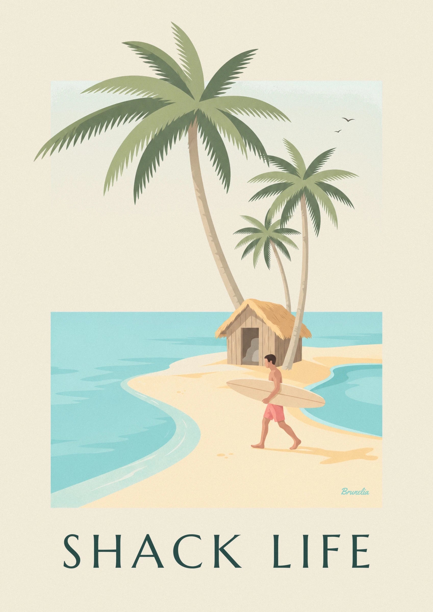 Le surfeur et sa planche beige devant une cabane au toit de paille, entre les palmiers