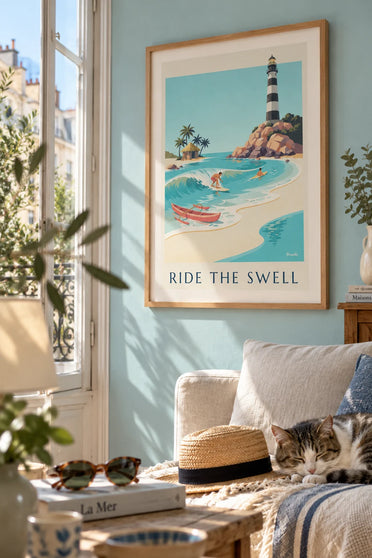 Poster of a surfer on a turquoise wave and a tropical cove: framed on the wall