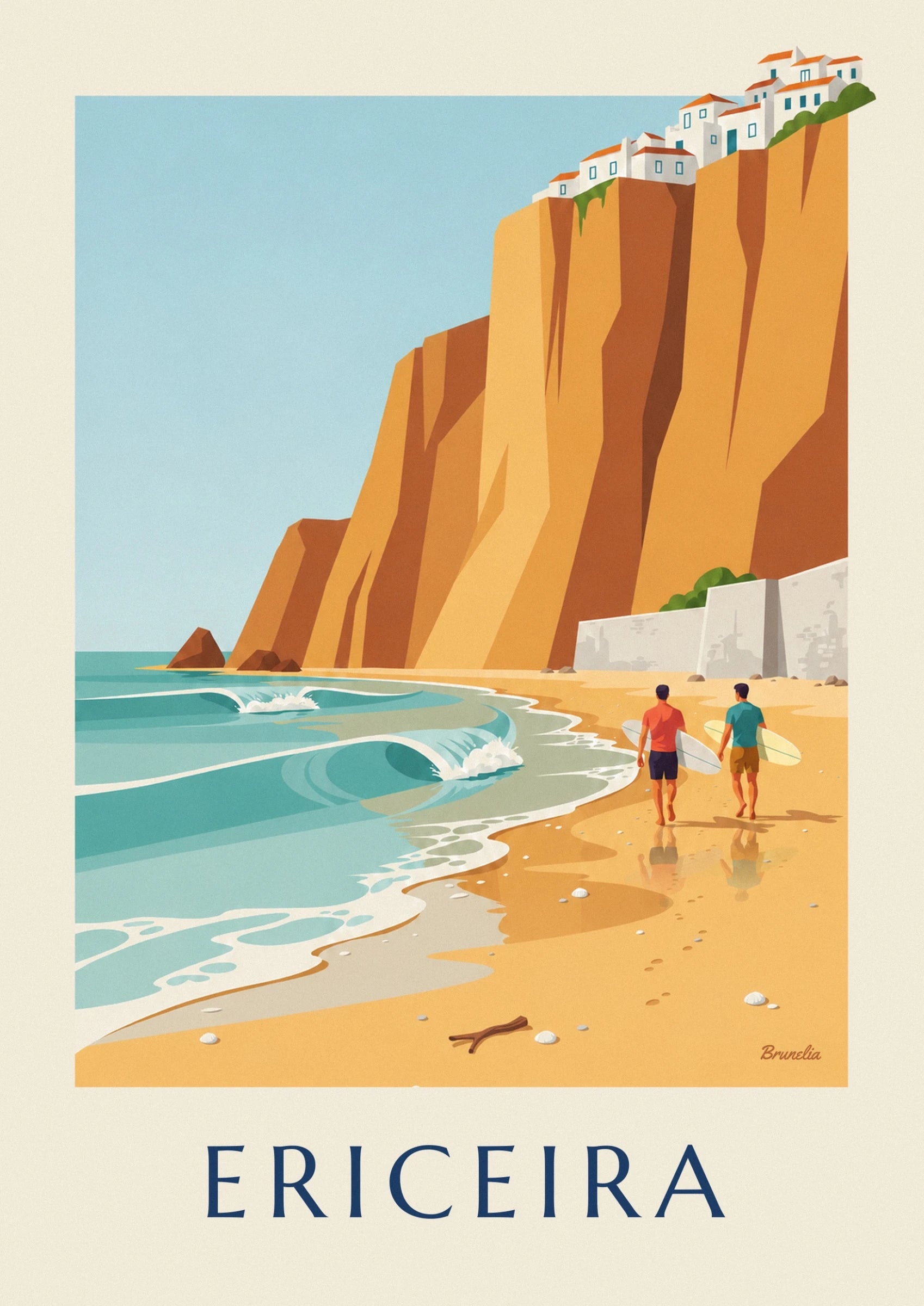 Les 2 surfeurs de dos, leurs planches sous le bras et leurs reflets sur le sable mouillé