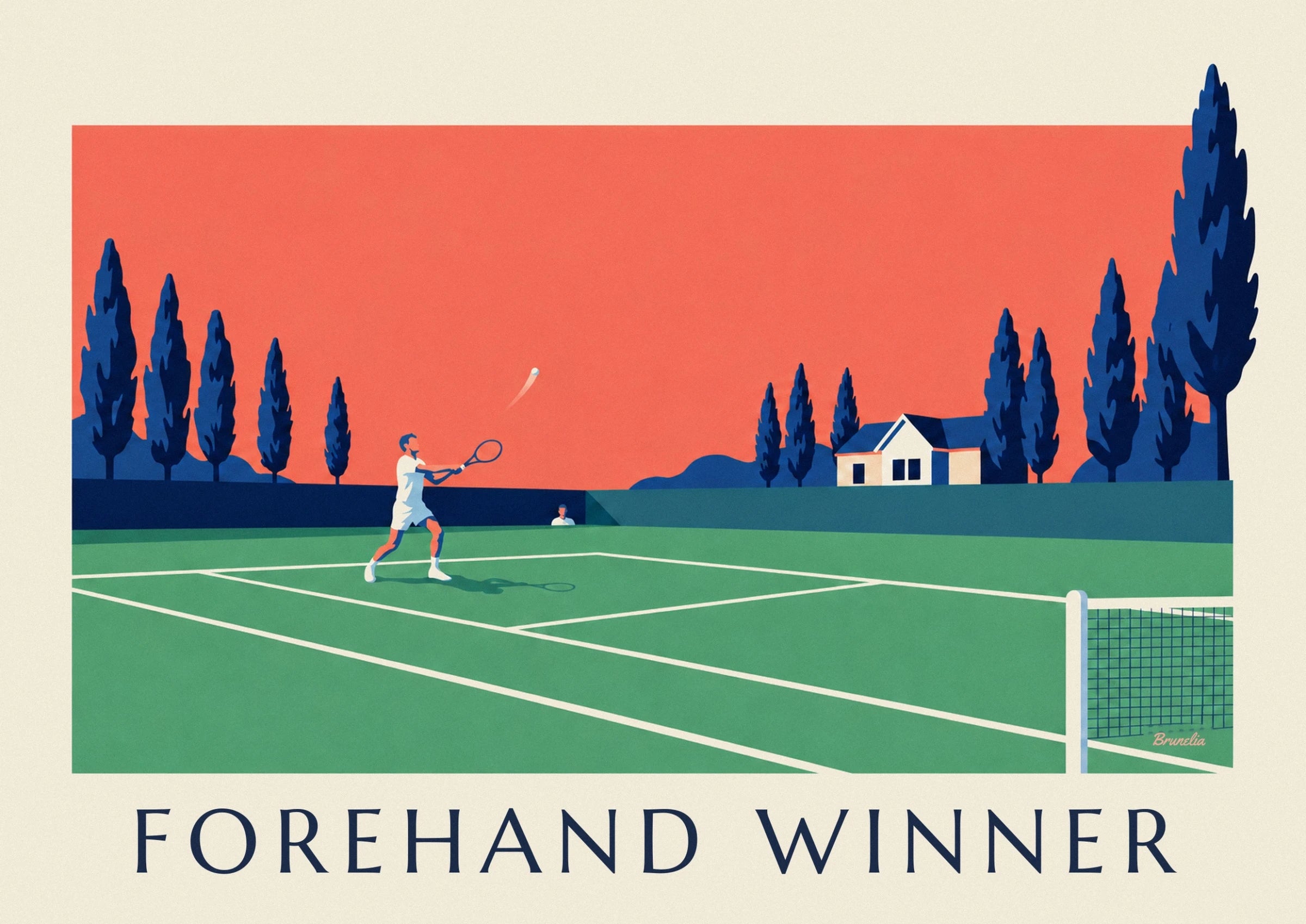 The player in white reaching towards the ball with a racket on the grass court