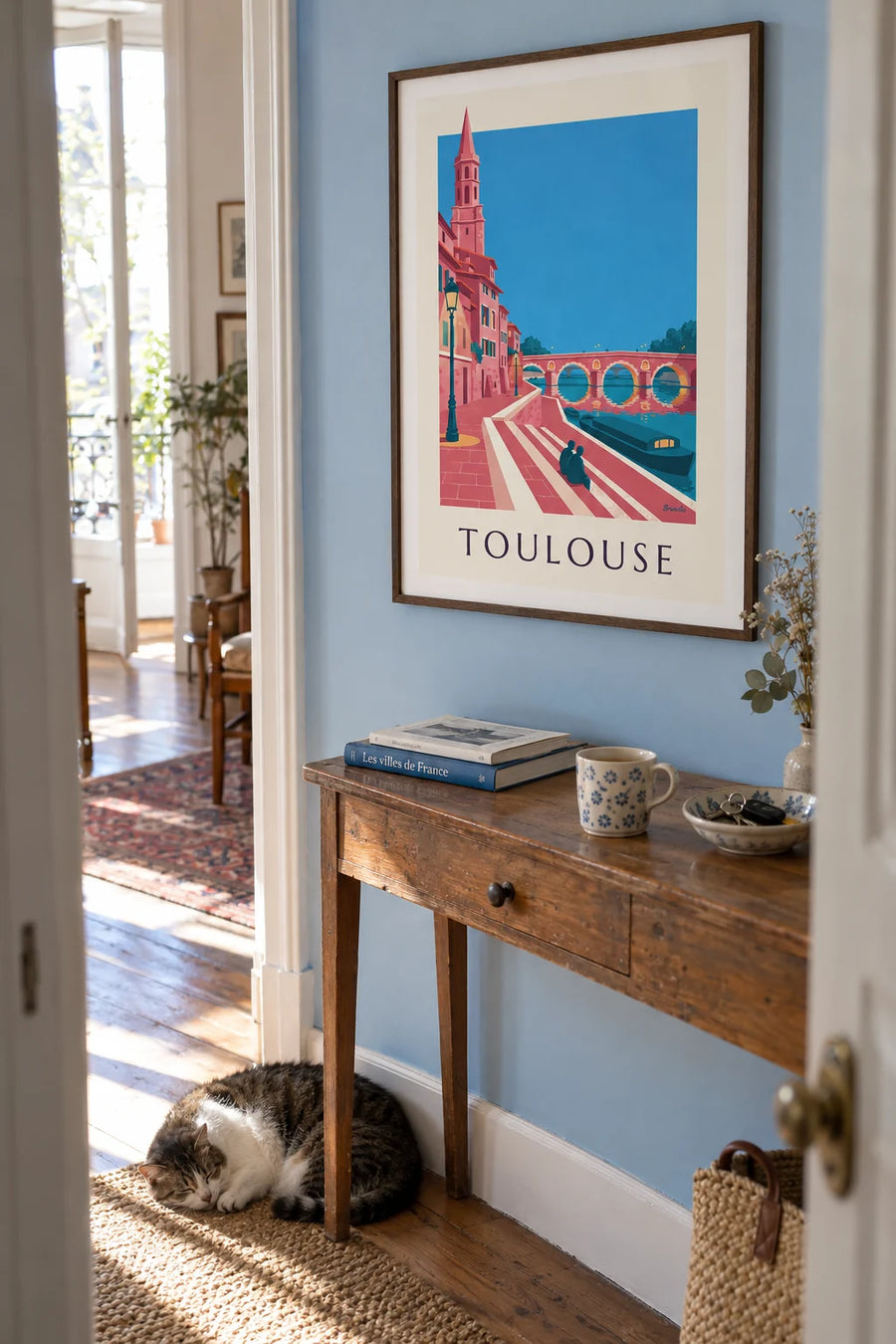 Affiche Pont-Neuf et quai de la Daurade à Toulouse au crépuscule : encadrée au mur