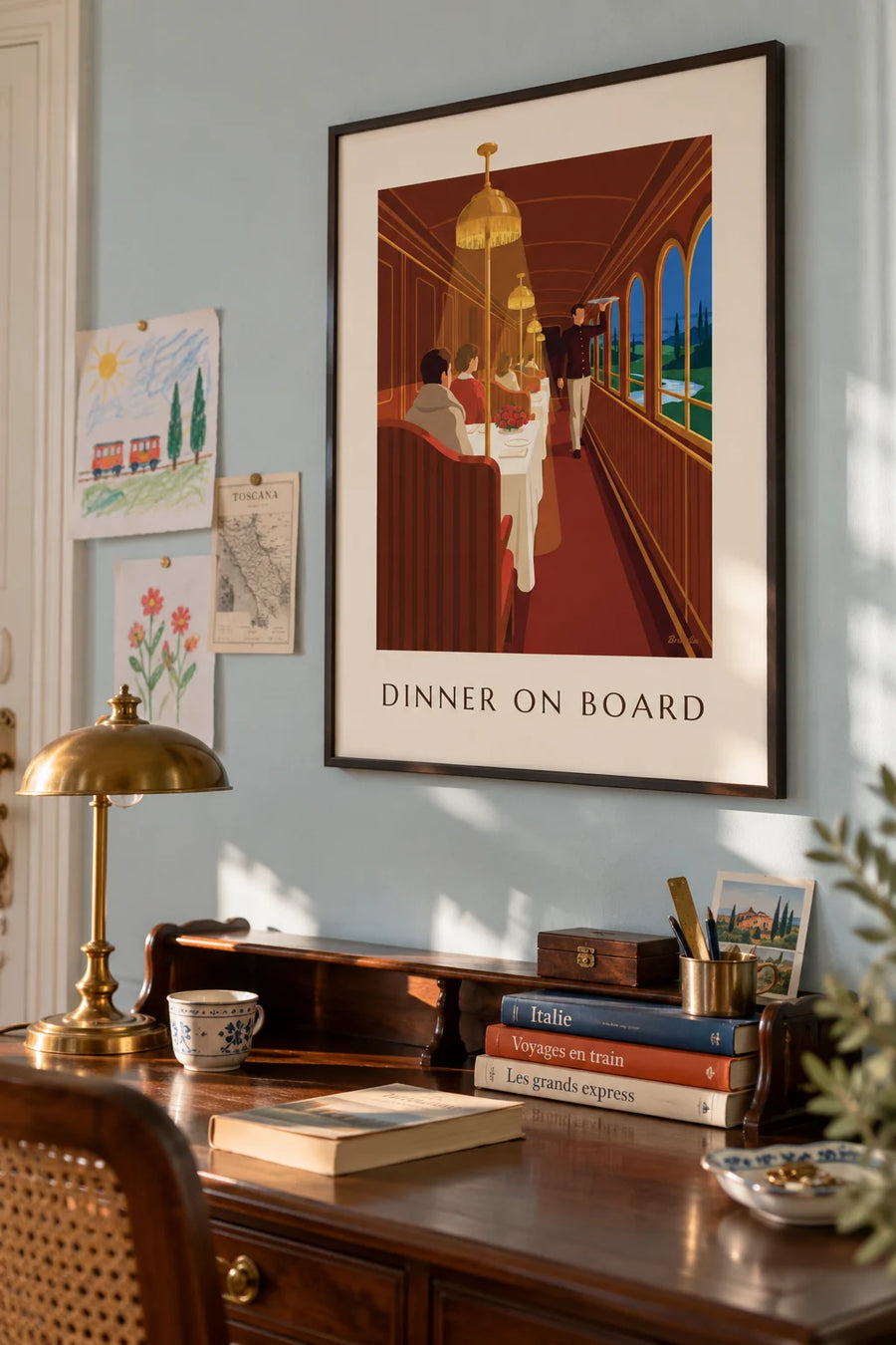 Poster of a night train dining car: framed on the wall