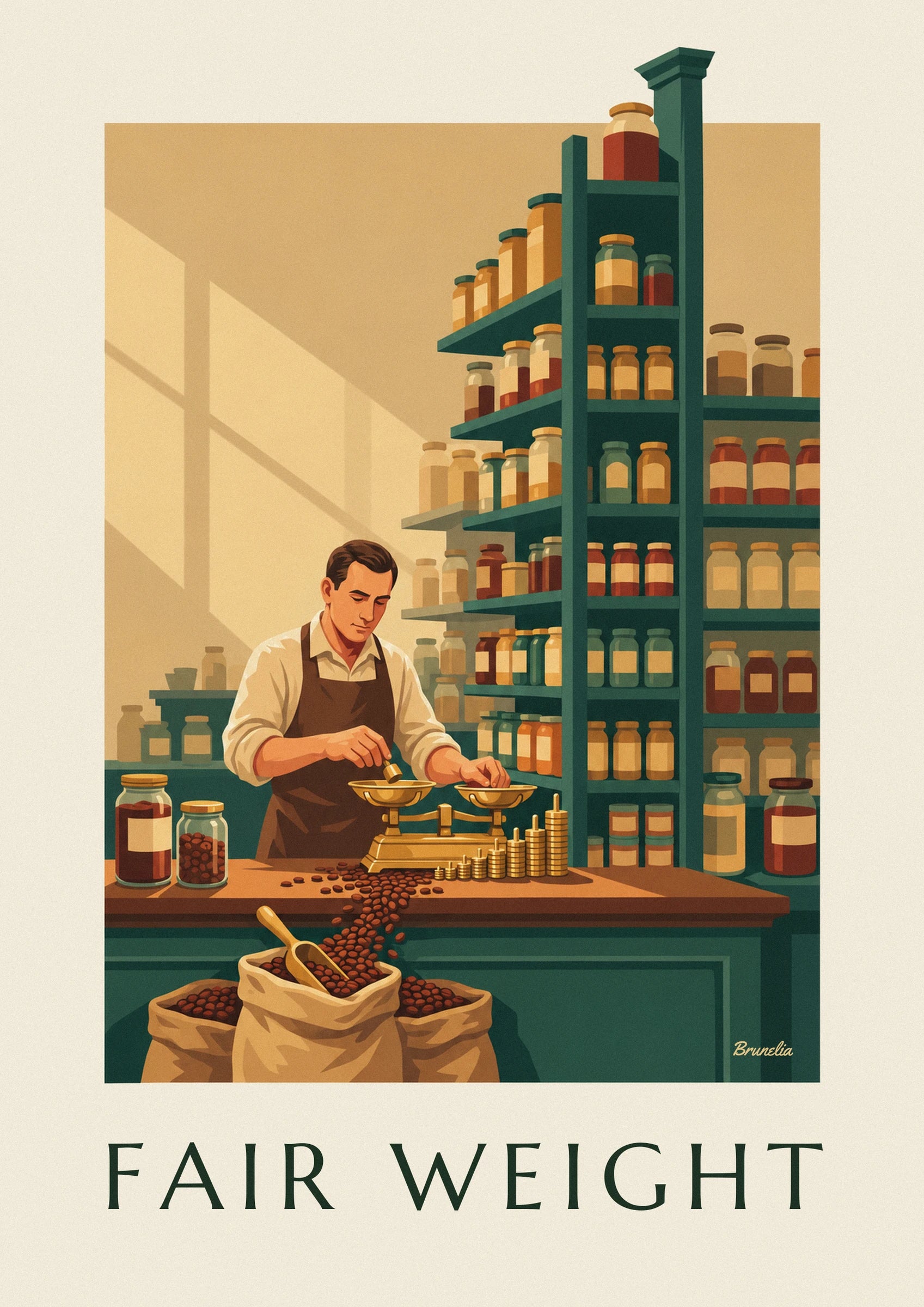 The grocer in a brown apron weighing coffee on brass scales