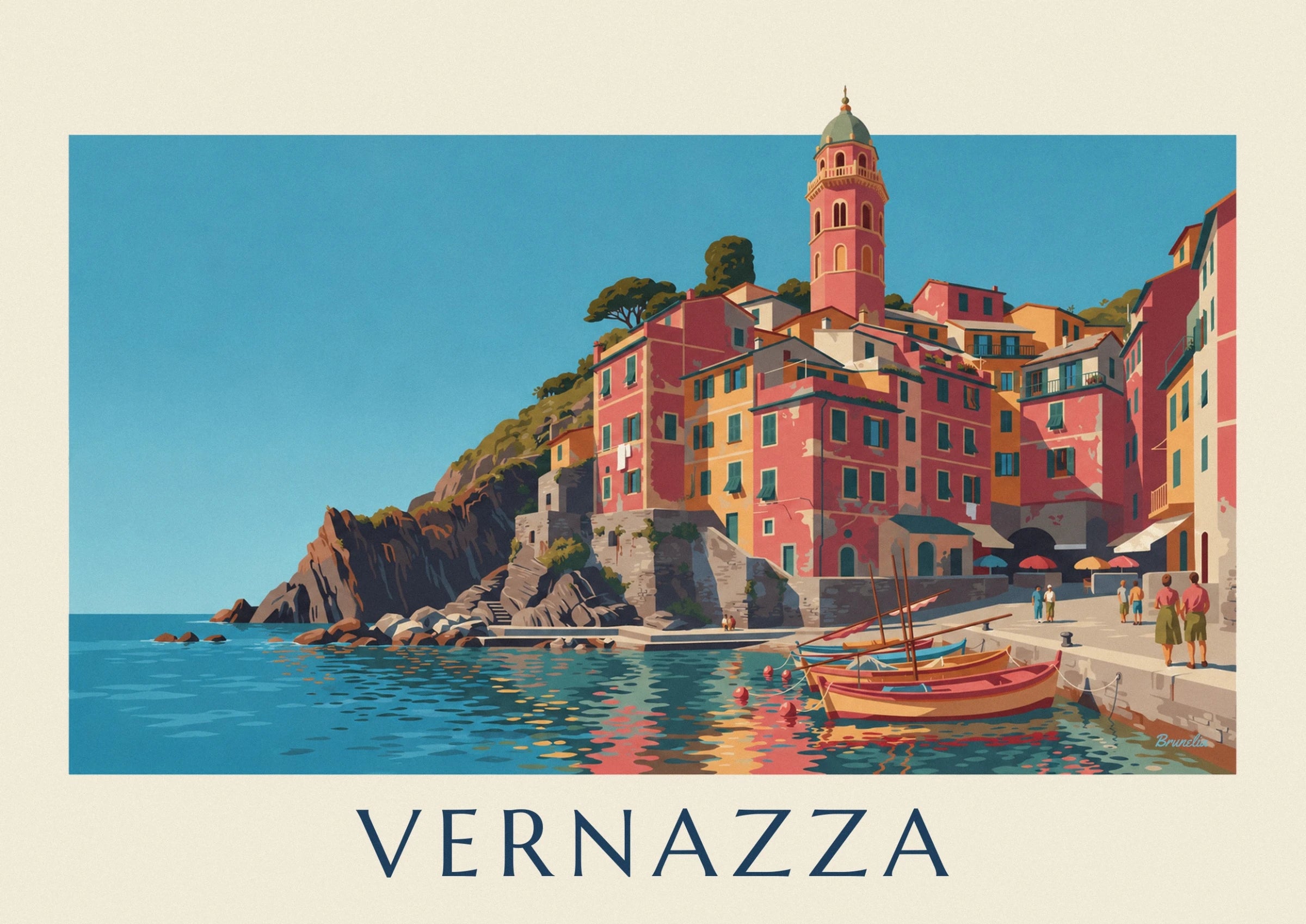 Le clocher rose à coupole verte au-dessus des maisons colorées de Vernazza