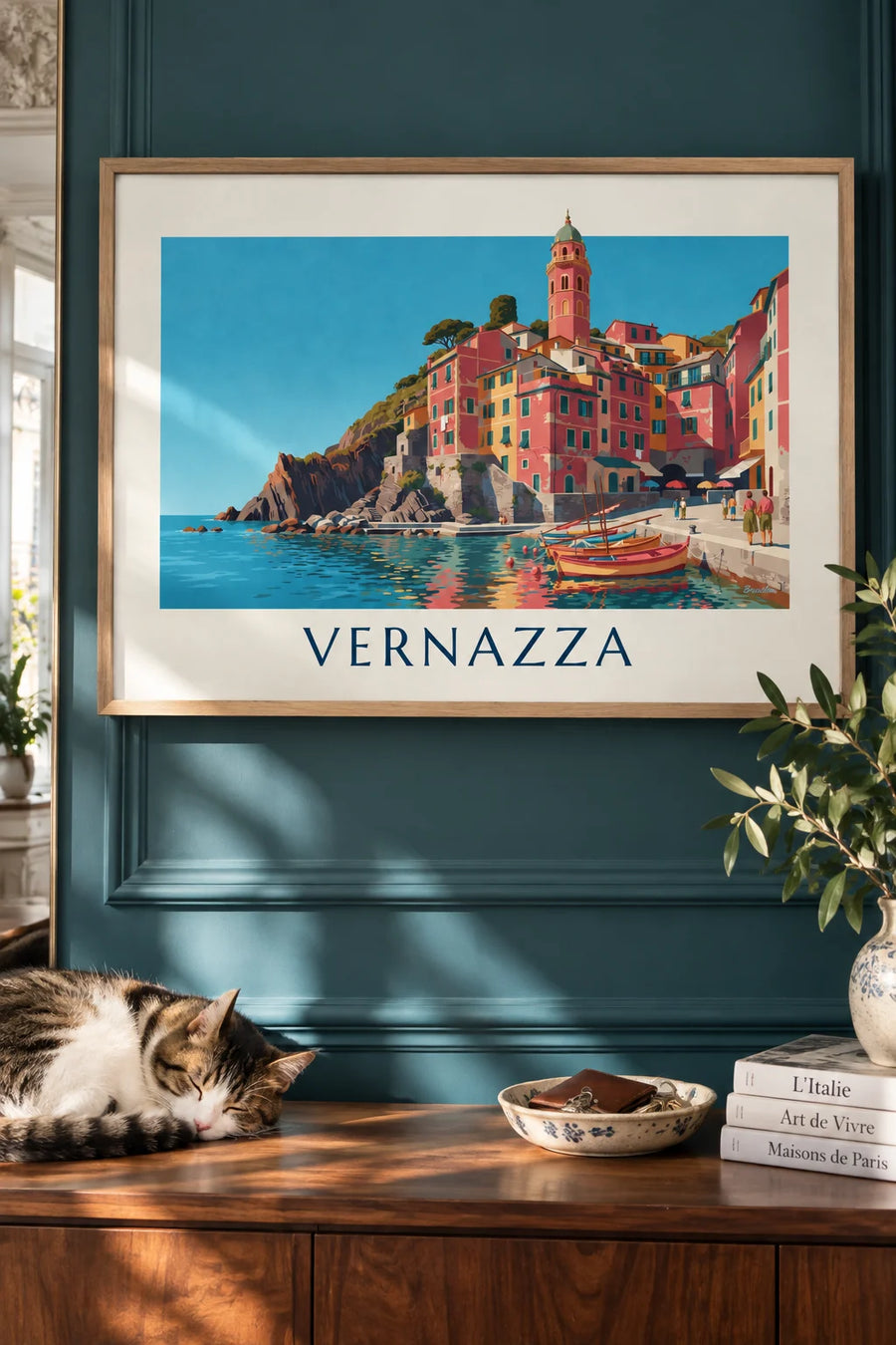 Affiche village de Vernazza et son port dans les Cinque Terre : encadrée au mur