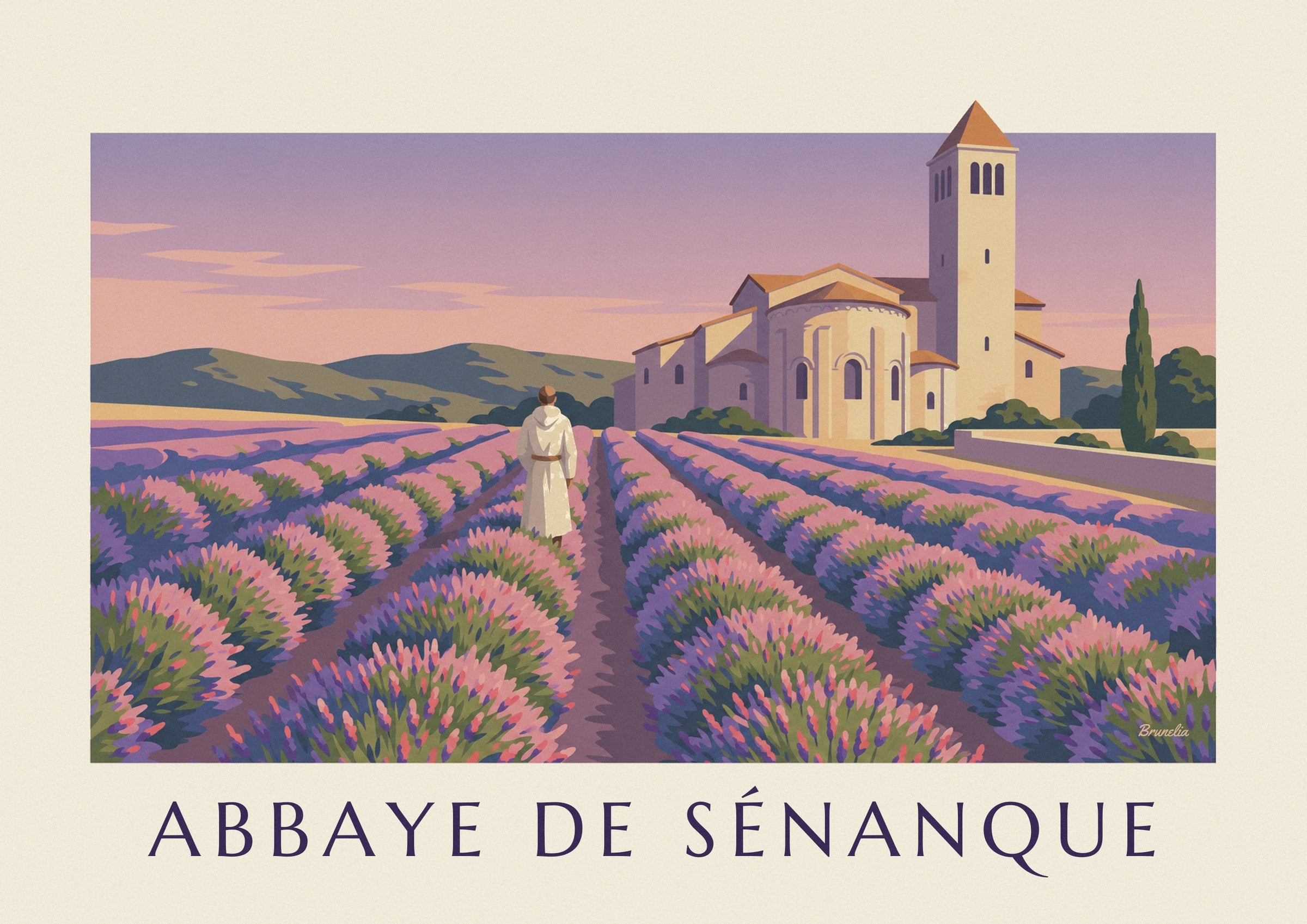 The monk in a white robe and brown belt, seen from behind on a path through the lavender