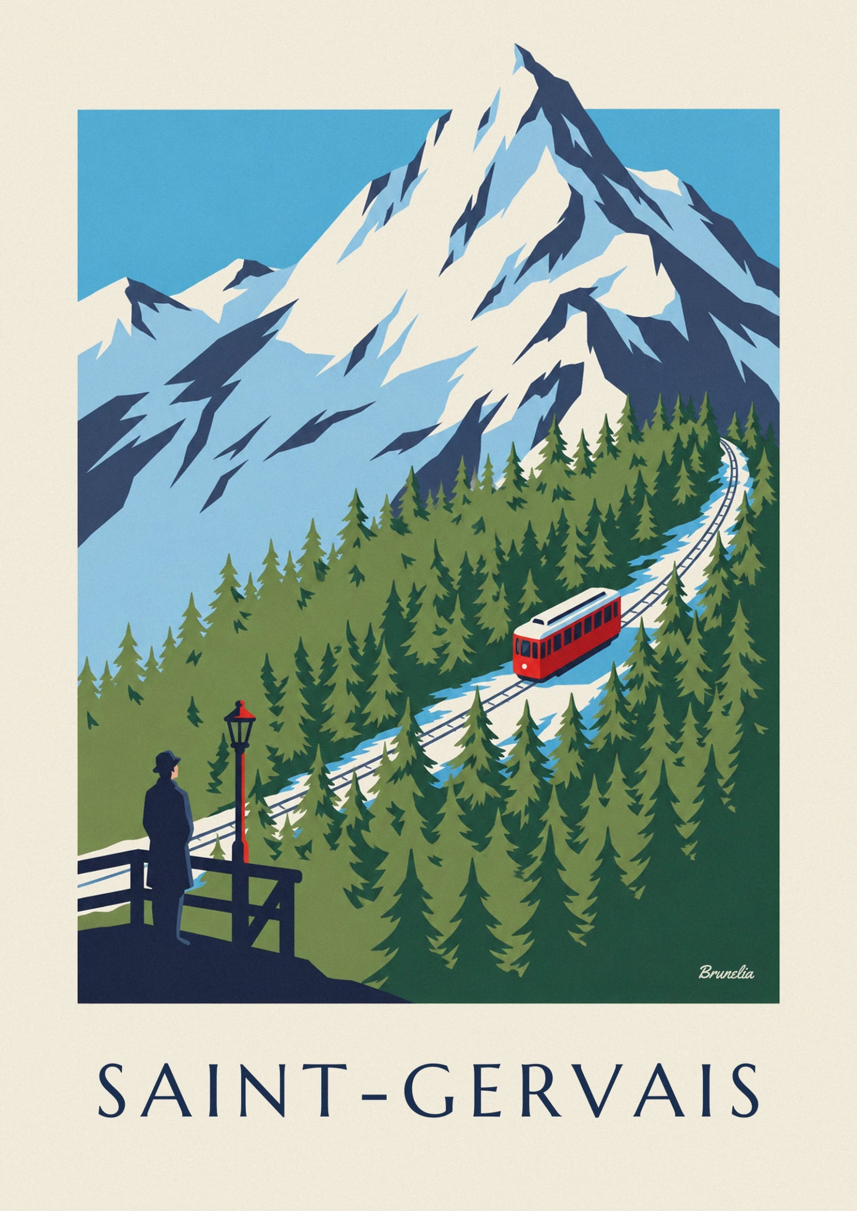 Le tramway rouge et blanc qui descend sa voie enneigée entre les sapins