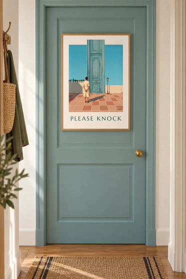 Affiche porte bleu-vert Please Knock pour les toilettes : encadrée au mur