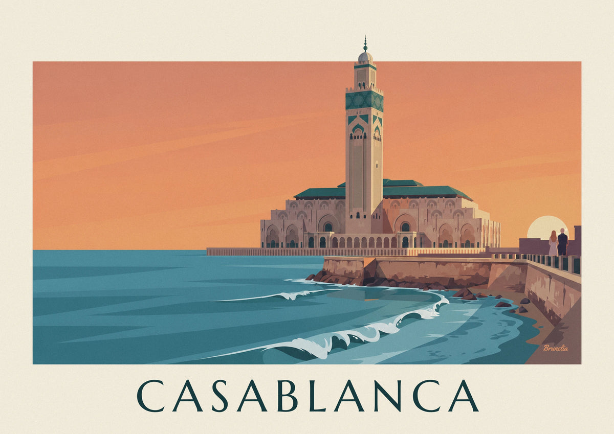Hassan II Mosque by the ocean at sunset poster