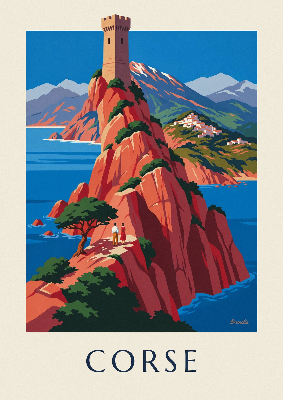 Affiche côte sauvage de Corse, falaises rouges et Monte Cinto