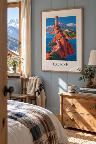 Affiche côte sauvage de Corse, falaises rouges et Monte Cinto : encadrée au mur