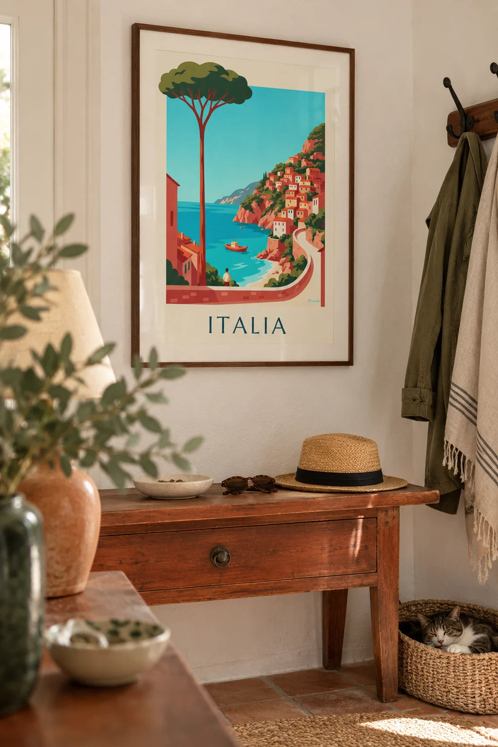Mise en situation de Affiche côte italienne, villages pastel sur les falaises