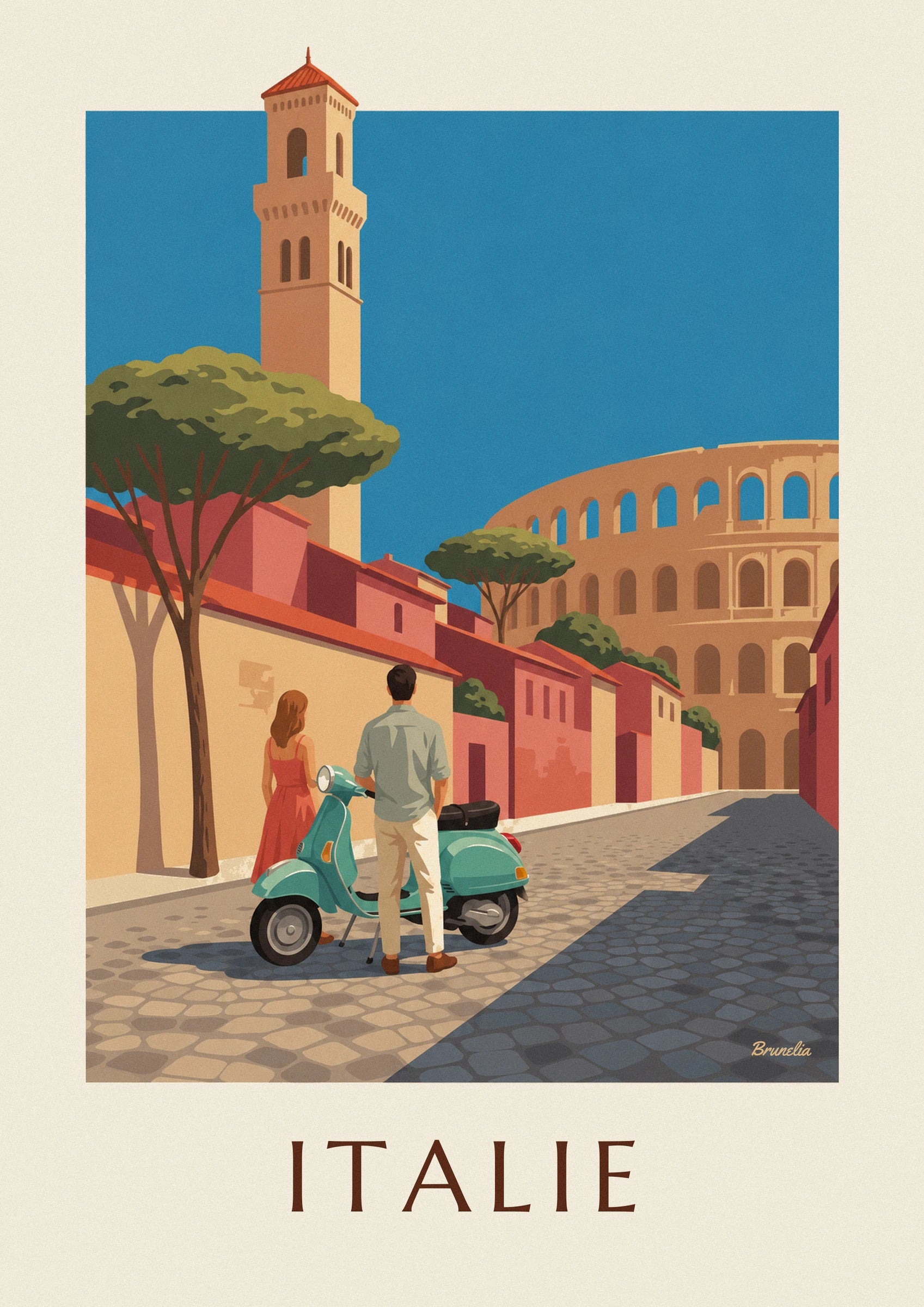 Le couple de dos près du scooter vert d'eau, sur les pavés de la ruelle