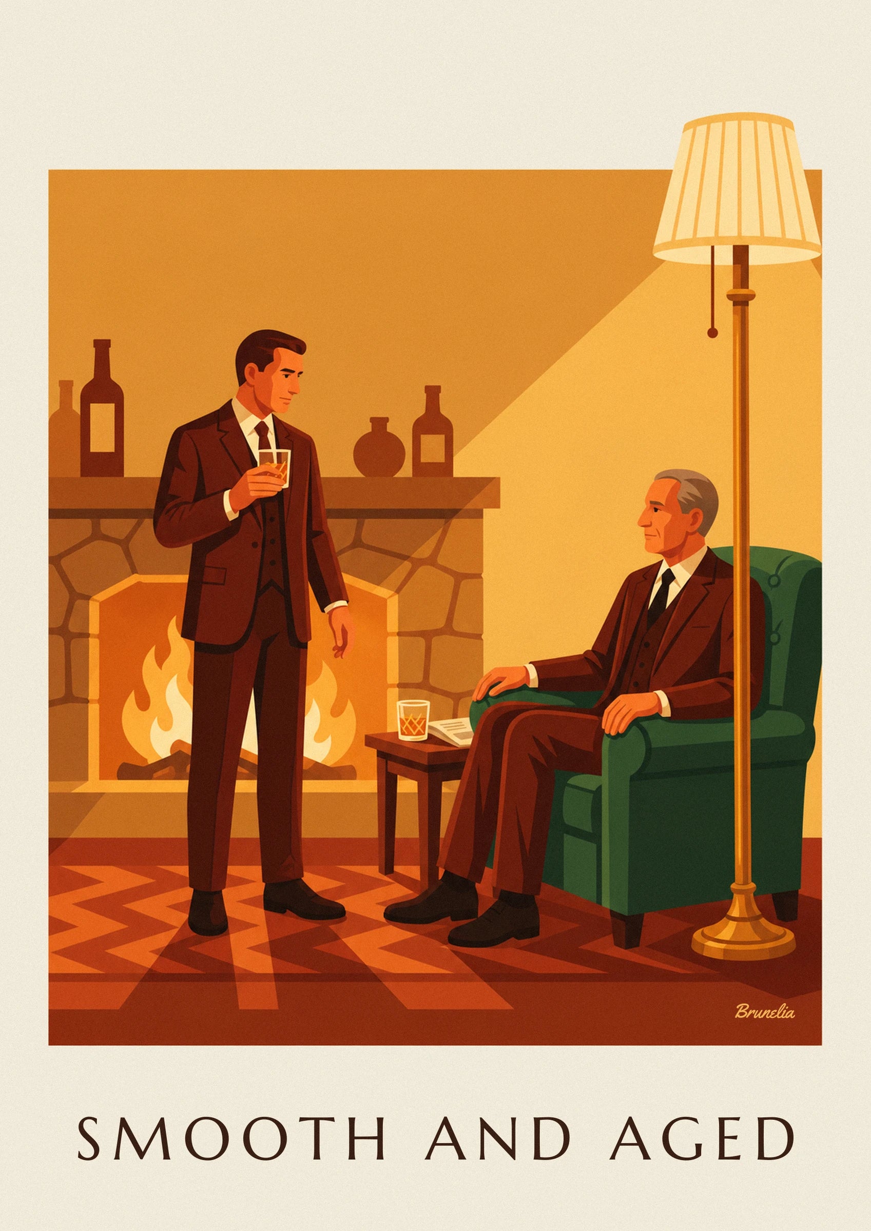 Man in a suit with whisky by the fireplace poster: close-up detail