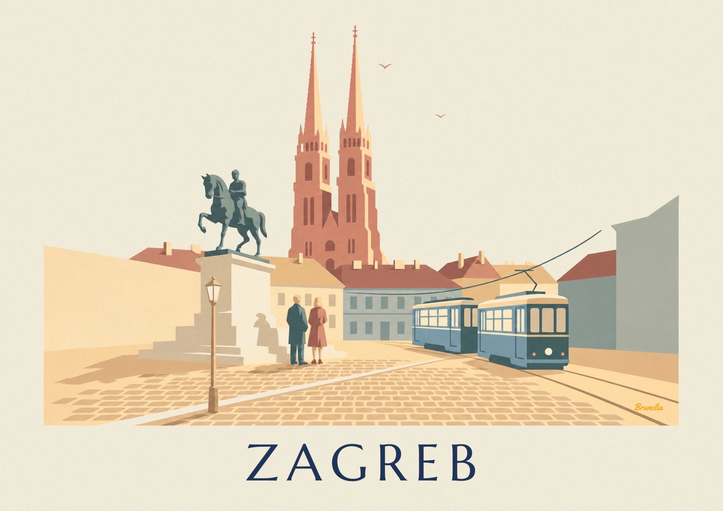 The tram’s 2 blue carriages, their overhead wires and the golden cobblestones of Zagreb